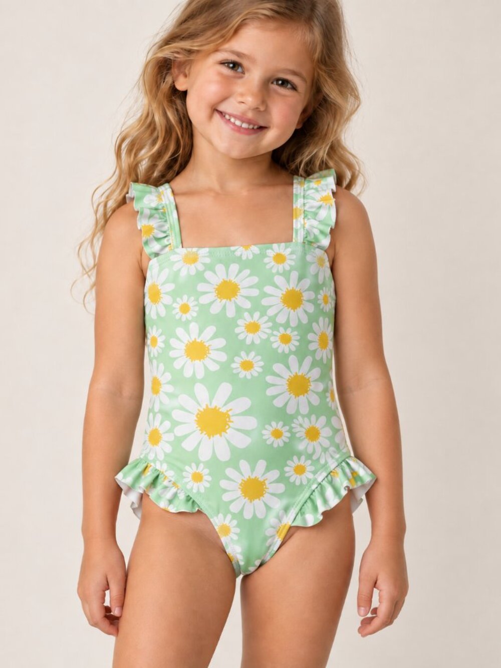 Girls Daisy Floral One Piece Swimsuit Size 110 Green Ruffle Swimwear
